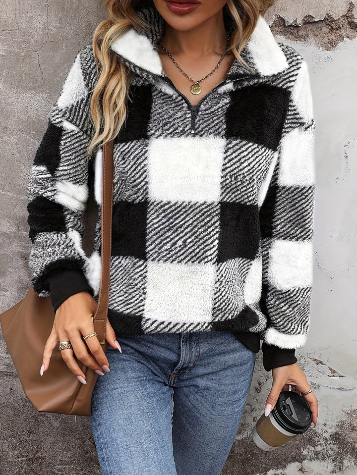 Drune | Weicher Karierter Pullover mit Halbreißverschluss Polyester Komfort und Stil