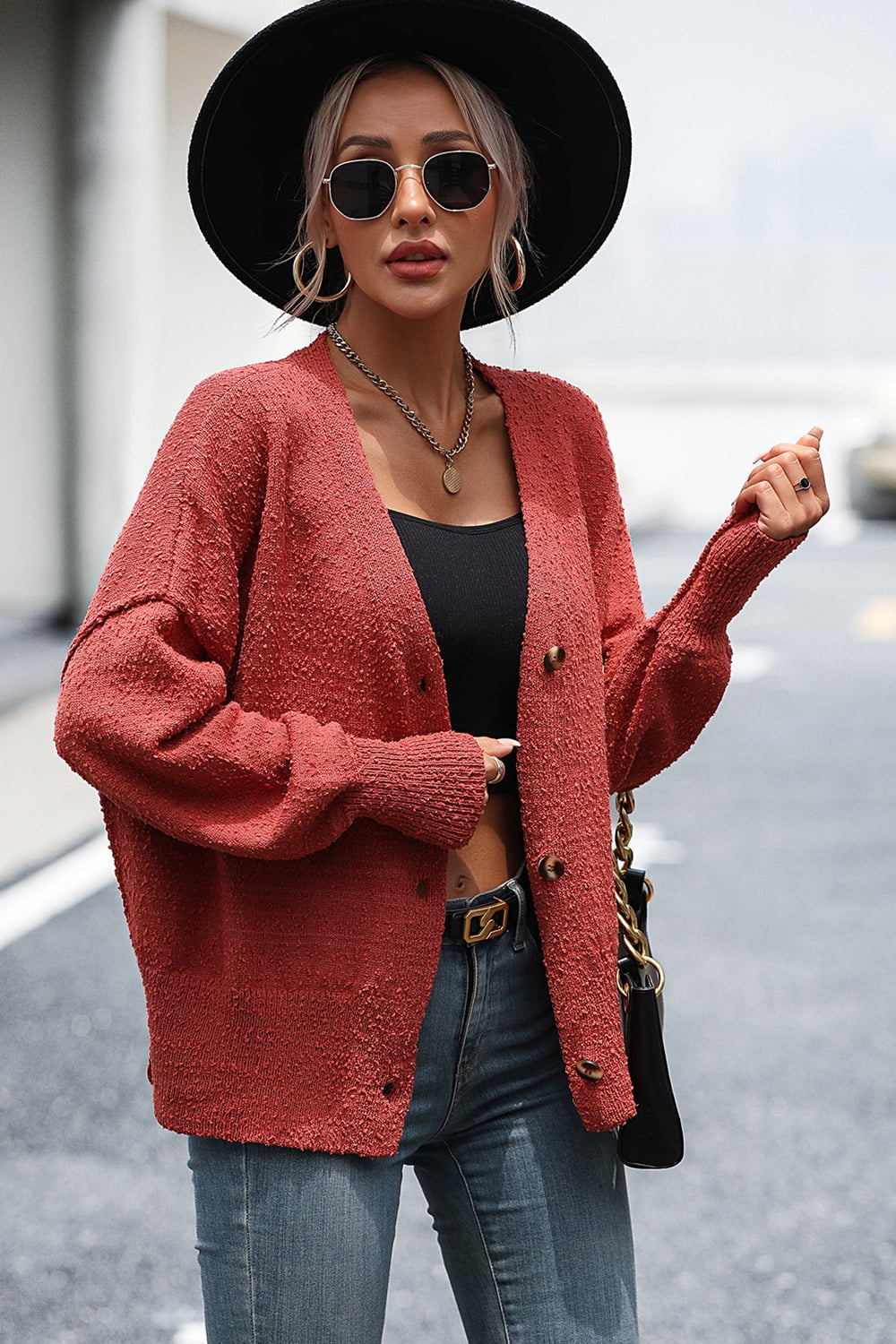 Drune | Knopfleiste Cardigan mit fallen Schultern