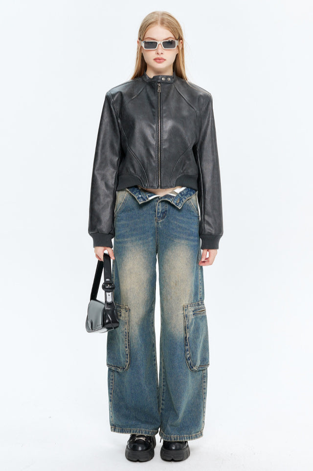 Drune | Leder Zip-Up Bomberjacke