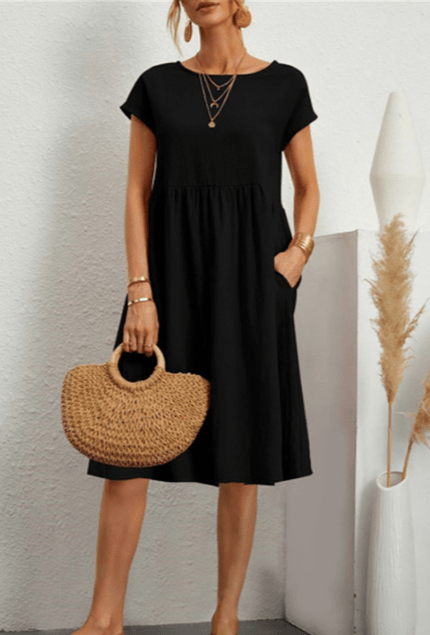 Drune | Baumwolle Leinen Kurzarm Midi Kleid