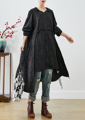 Drune | Schwarze asymmetrische übergroße Print-Kapuzentrenchcoats