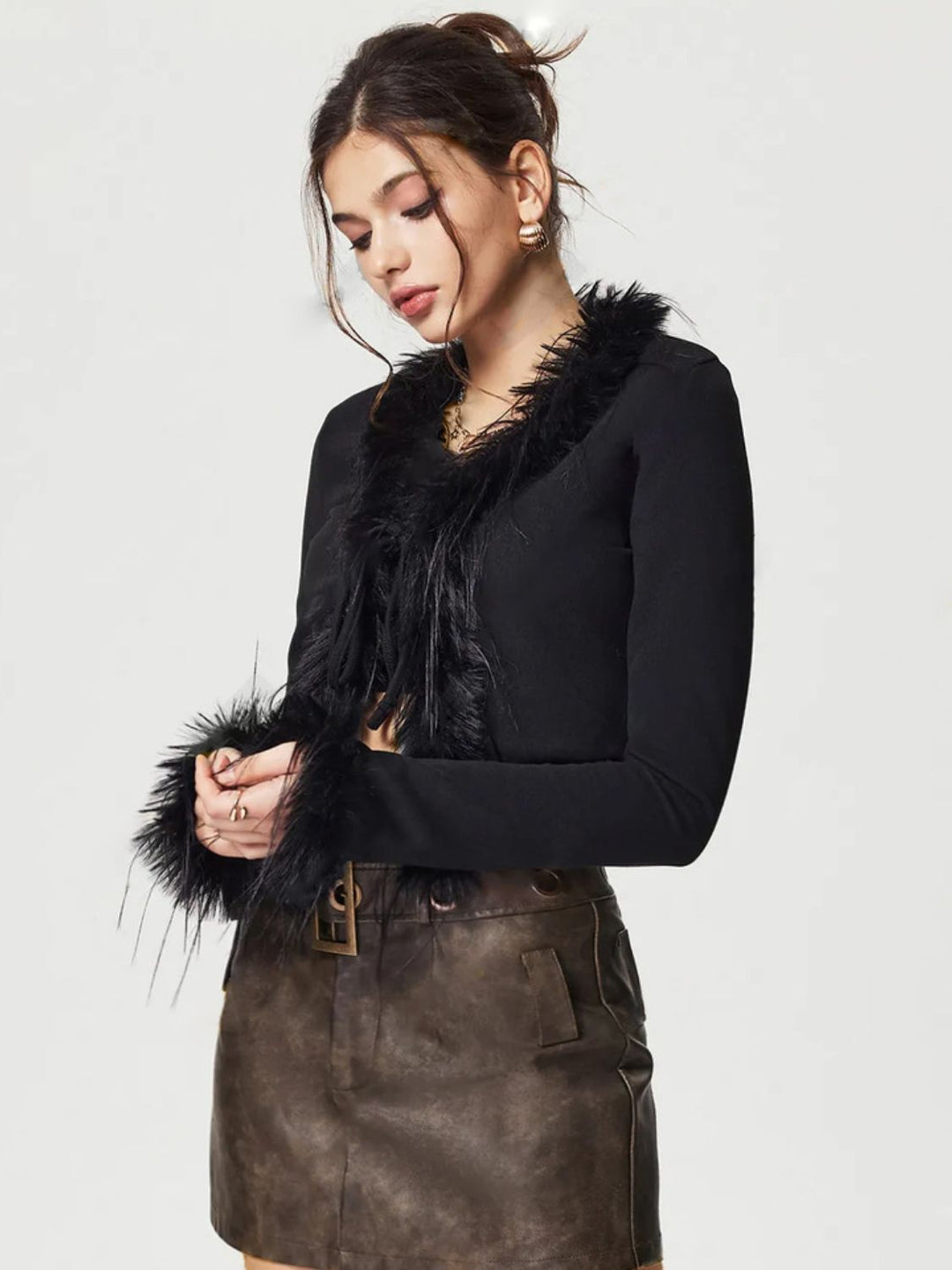 Drune | Gebunden Fuzzy Trim Langarm Strickjacke