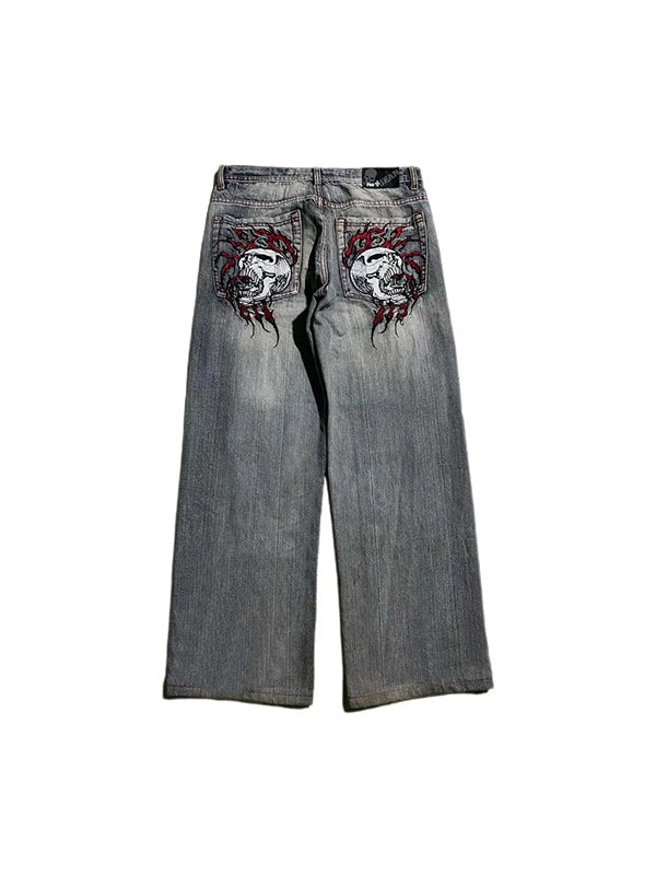 Drune | 2000s Boyfriend Baggy Jeans Mit Skull Stickerei