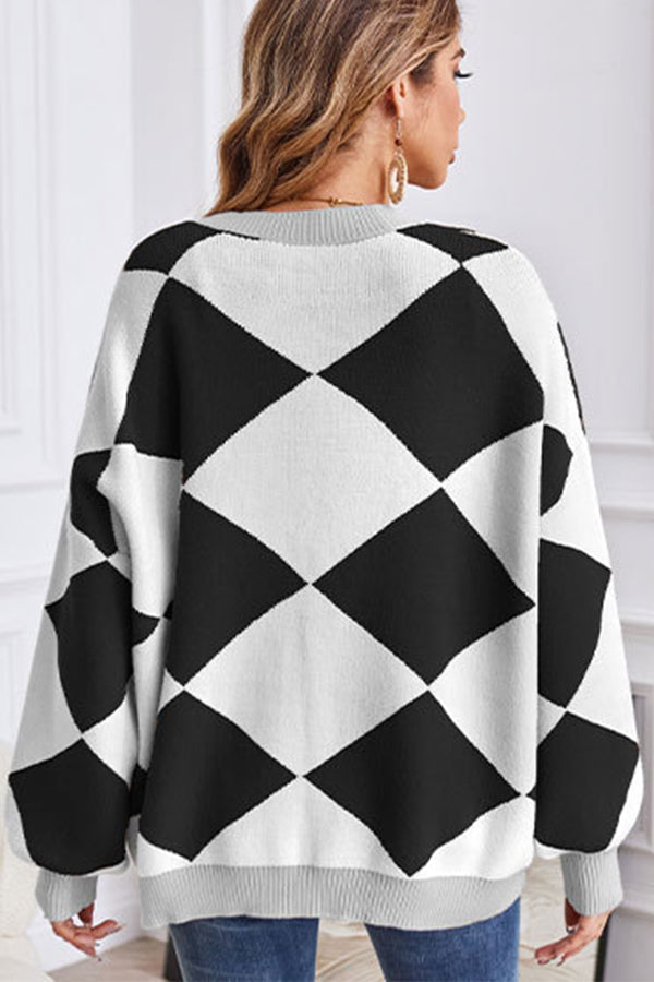 Drune | Hals geometrisches Patchwork kontrastierender Strickcardigan lässige lockere Jacke