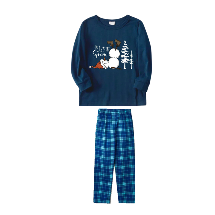 Drune | "Lass es schneien" Slogan und Schneemann bedruckte blaue karierte Weihnachtsfamilien-Matching-Pyjamas