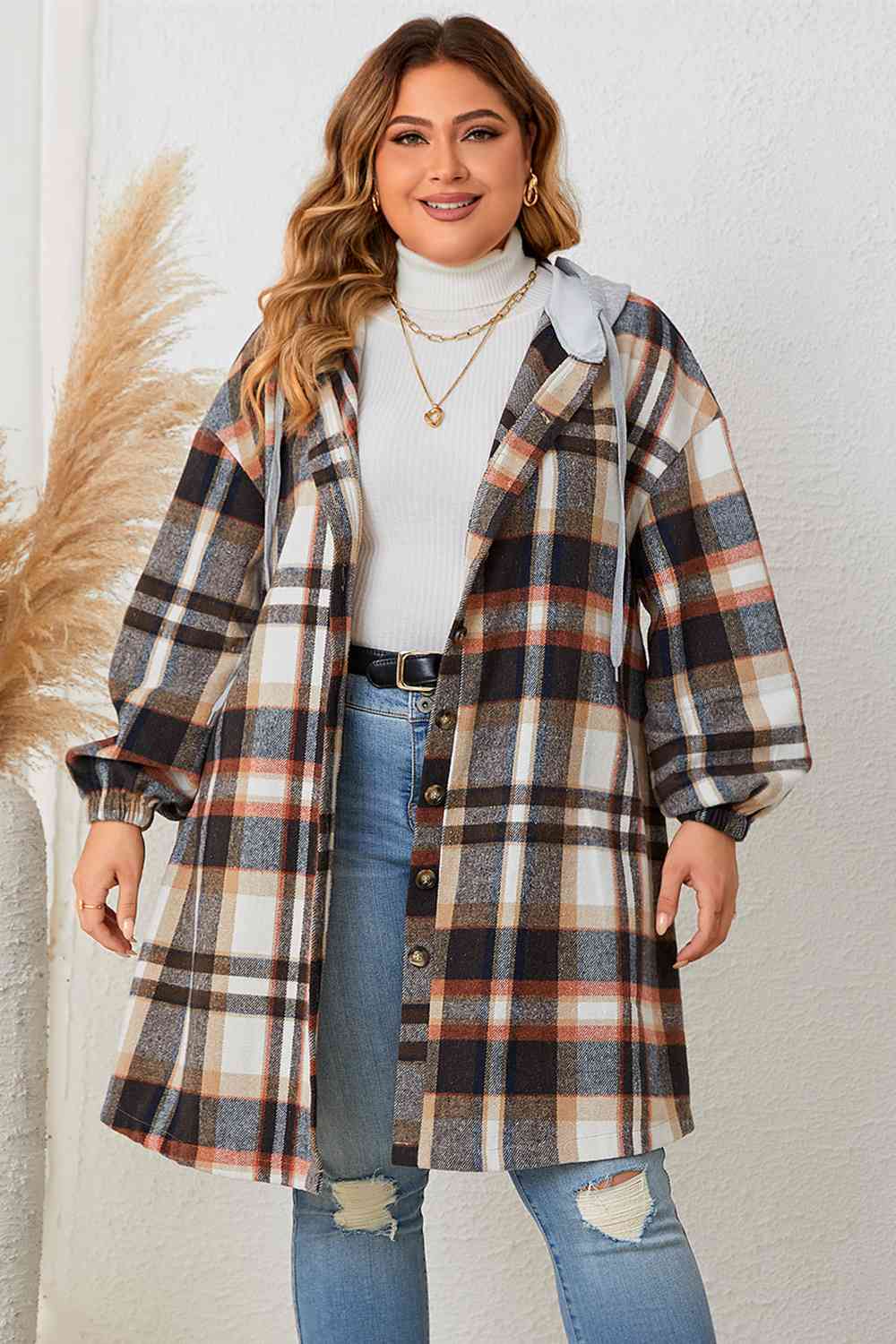 Drune | Plus Size Karo Drop-Shoulder Kapuzenmantel