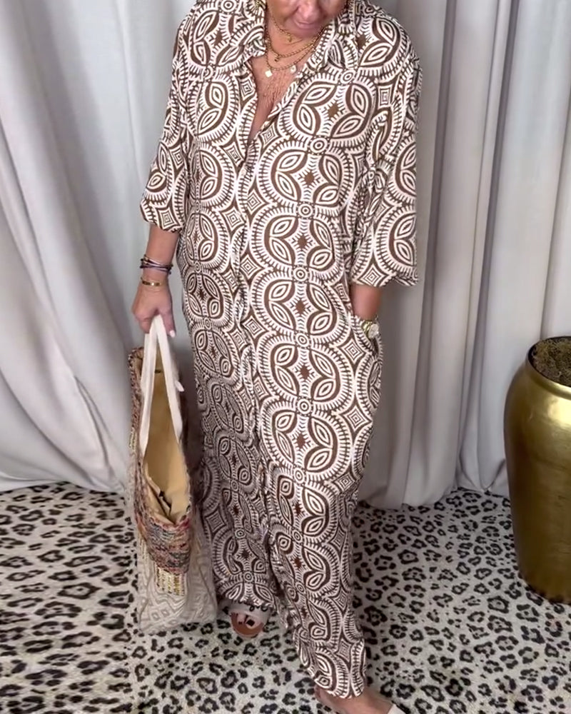 Drune | Vintage Bedrucktes Maxikleid mit Reverstaschen