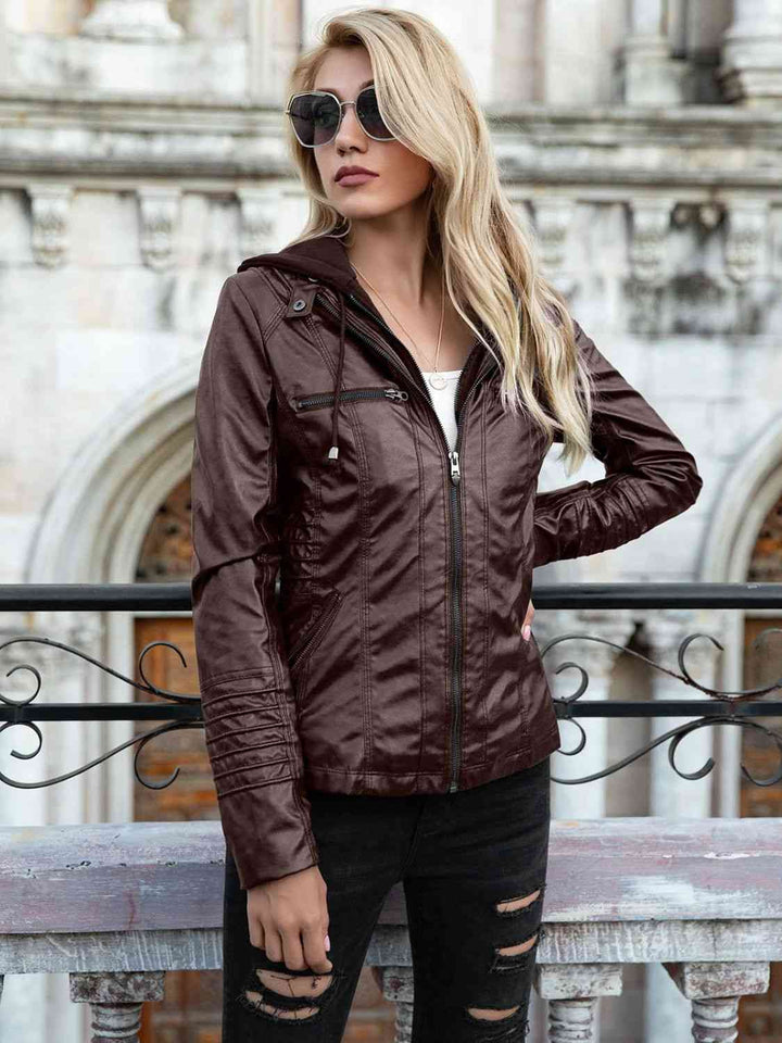 Drune | PU-Jacke mit Kapuze und durchgehendem Reißverschluss