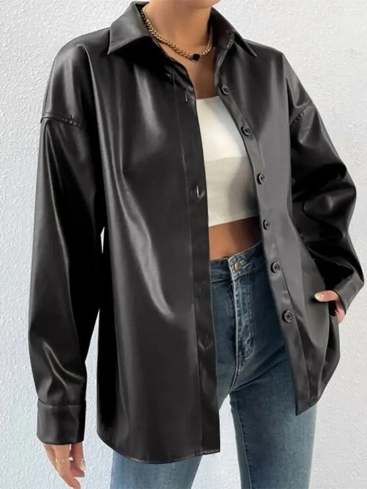 Drune | Vintage leather bomber jacket with lapel collar and button closure