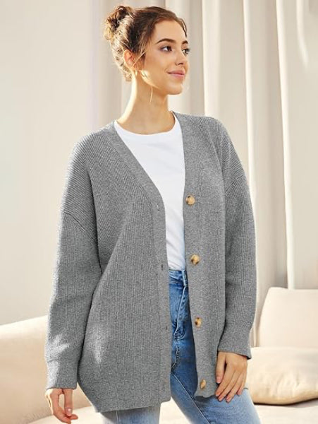 Drune | Cardigan - Damen Herbst Oversized V-Ausschnitt Knopf Cardigan