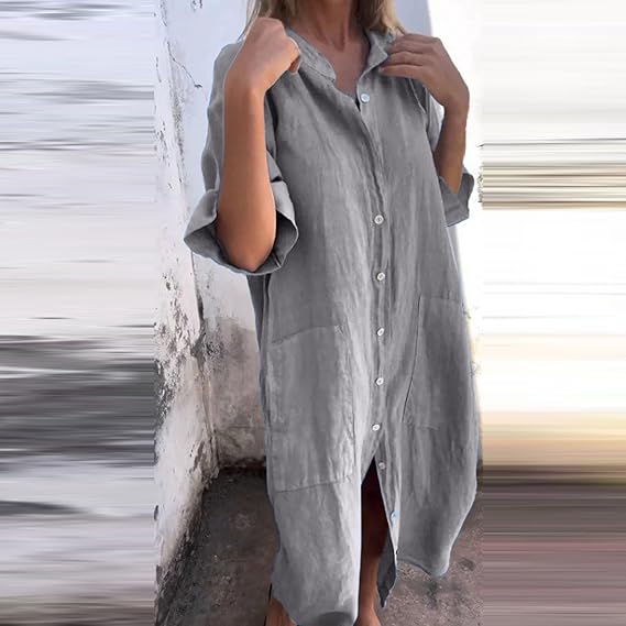 Drune - Lockeres langes Kleid mit langen Ärmeln und Seitentaschen Kleid