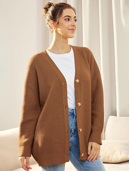 Drune | Cardigan - Damen Herbst Oversized V-Ausschnitt Knopf Cardigan