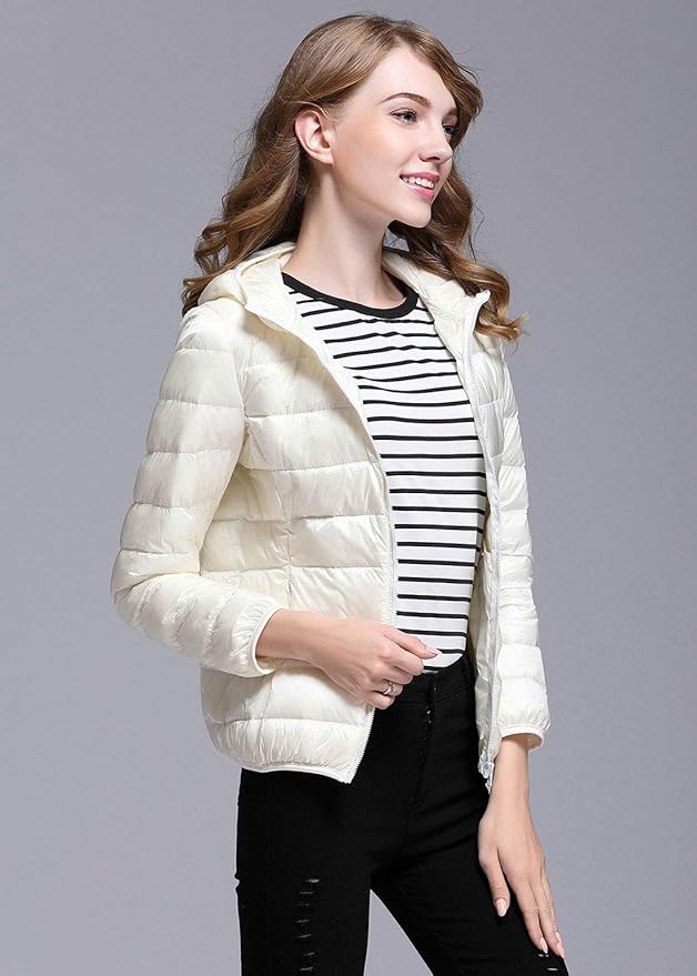 Drune | Winterdaunenjacke mit Kapuze für Damen Weiß und Schwarz - faltbare Daunenjacke