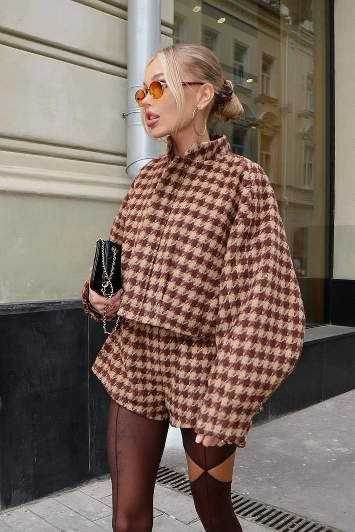 Drune | Hahnentritt Reißverschlussjacke und Shorts Zweiteiliges Set