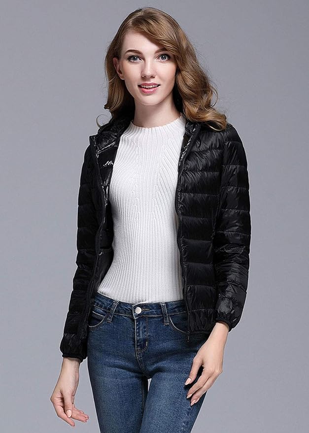 Drune | Winterdaunenjacke mit Kapuze für Damen Weiß und Schwarz - faltbare Daunenjacke