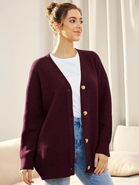 Drune | Cardigan - Damen Herbst Oversized V-Ausschnitt Knopf Cardigan