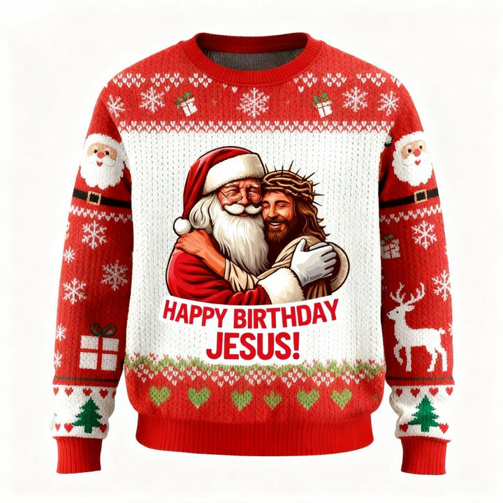 Drune | Weicher Fleece Santa & Jesus Muster Hässlicher Pullover - Unisex Weihnachtsfeier Essentials