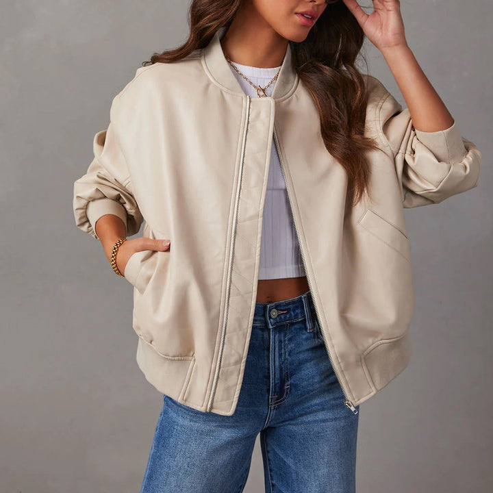 Drune | Classic leather bomber jacket with zipper. Stylish outerwear.