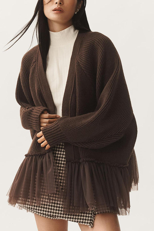 Drune | Knit cardigan with mesh ruffle and long sleeves