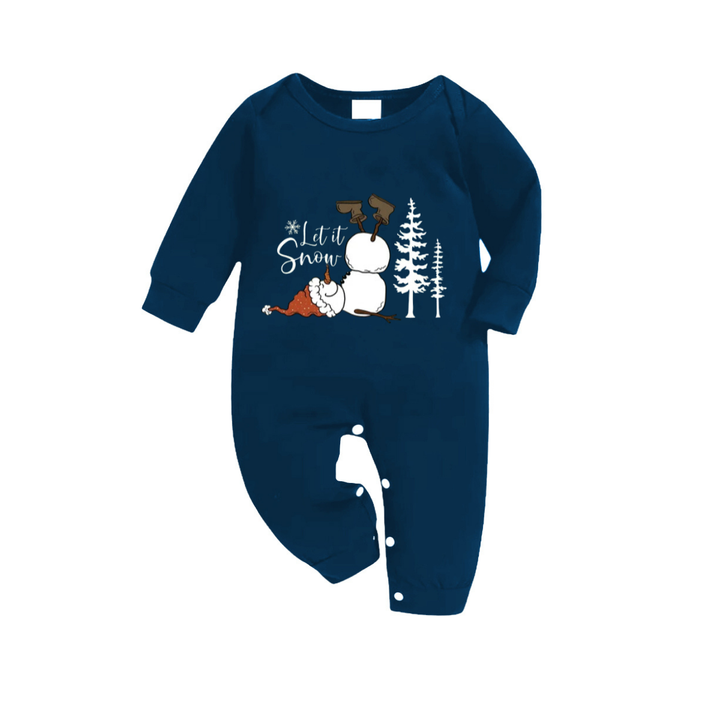 Drune | "Lass es schneien" Slogan und Schneemann bedruckte blaue karierte Weihnachtsfamilien-Matching-Pyjamas