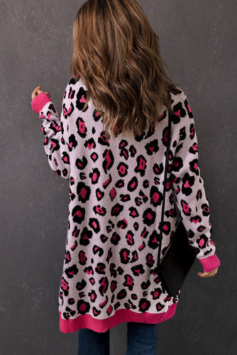 Drune | Leopard-Kontrastbesatz Offene Vorderseite Langarmlange Strickjacke