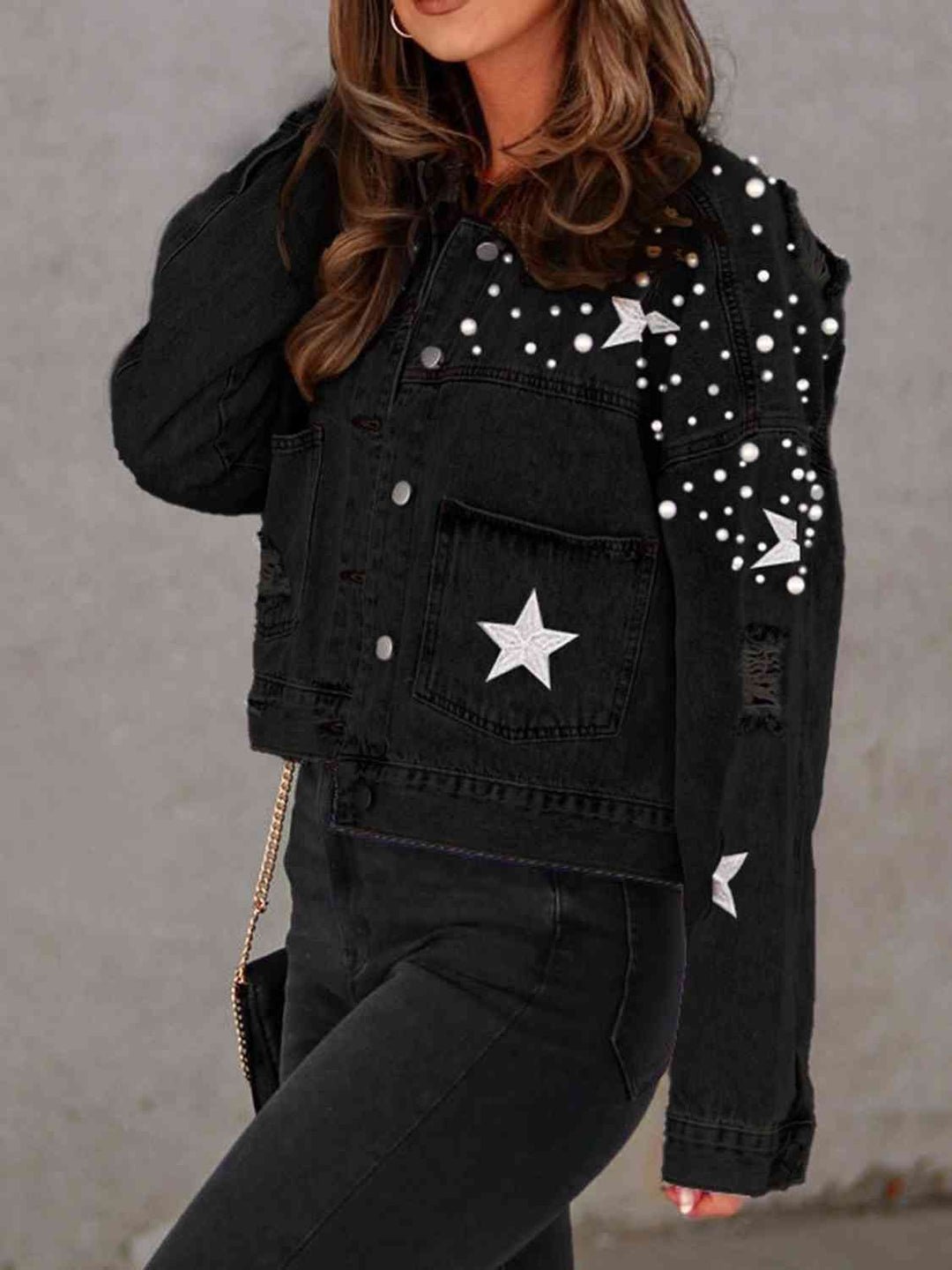 Drune | Perlenbesatz Knopf-Down Denimjacke mit Taschen