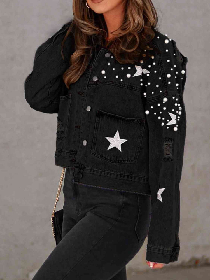 Drune | Perlenbesatz Knopf-Down Denimjacke mit Taschen