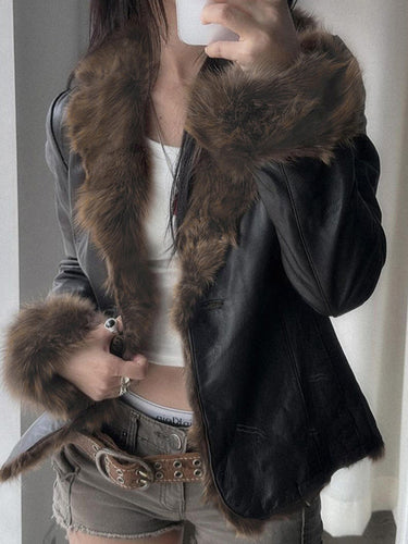 Drune | American Style Pelzkragen Patchwork Lederjacke