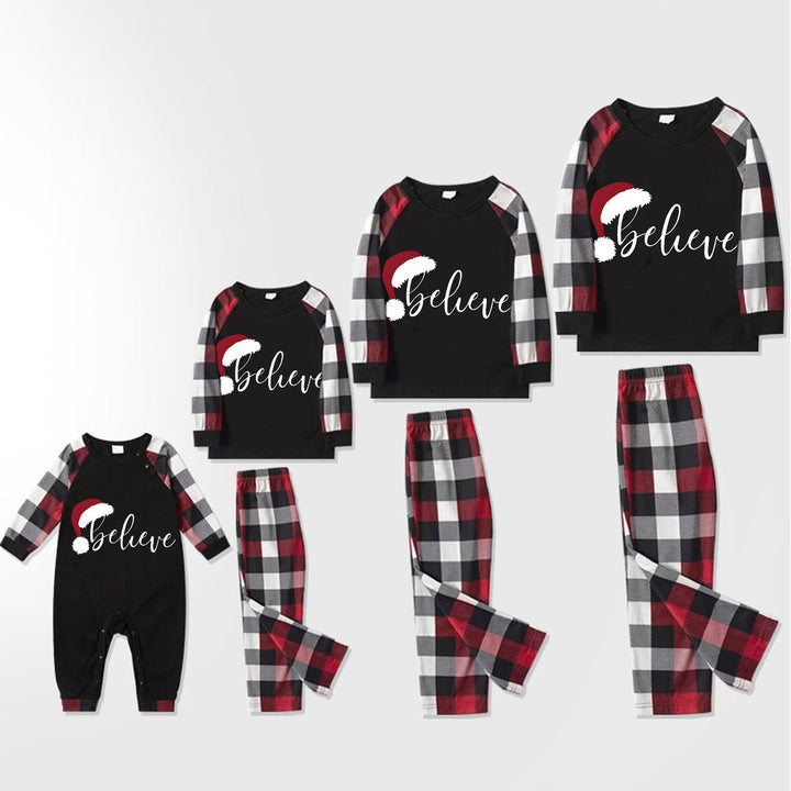 Drune | Weihnachtsmann-Print-Muster Freizeit Langarm-Sweatshirts Kontrast-Oberteile und rot & schwarz & weiß kariert Hose Familie passende Pyjama-Set mit Haustier-Bandana
