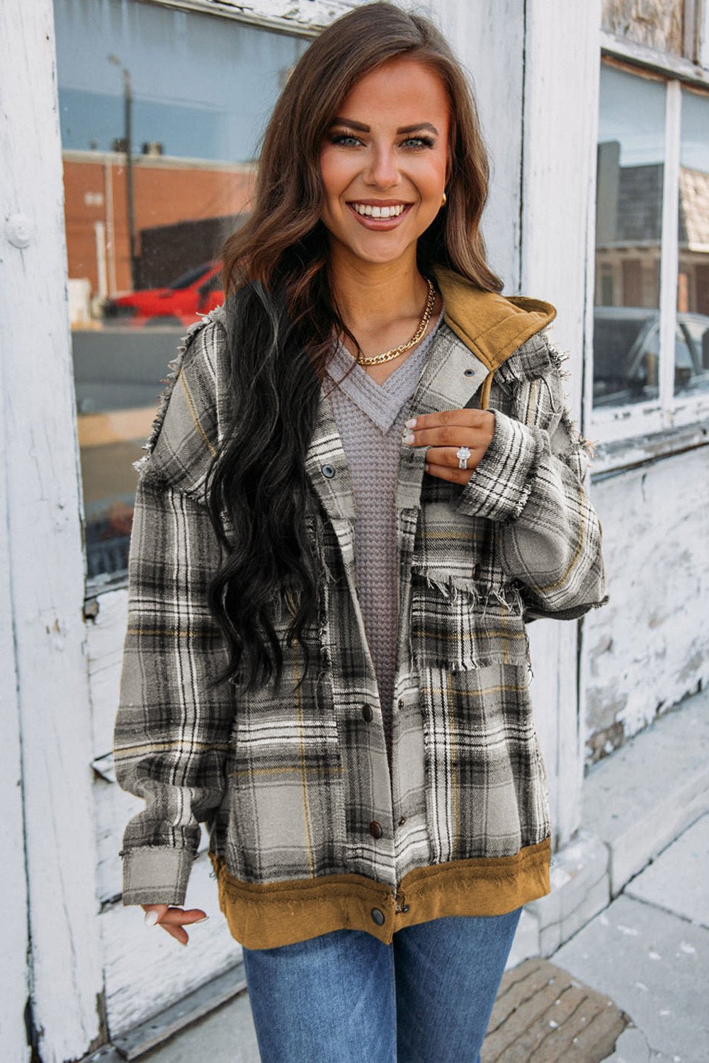 Drune | Karierte Jacke mit Kapuze und Rohen Kanten Baumwolle Lässig und Trendy
