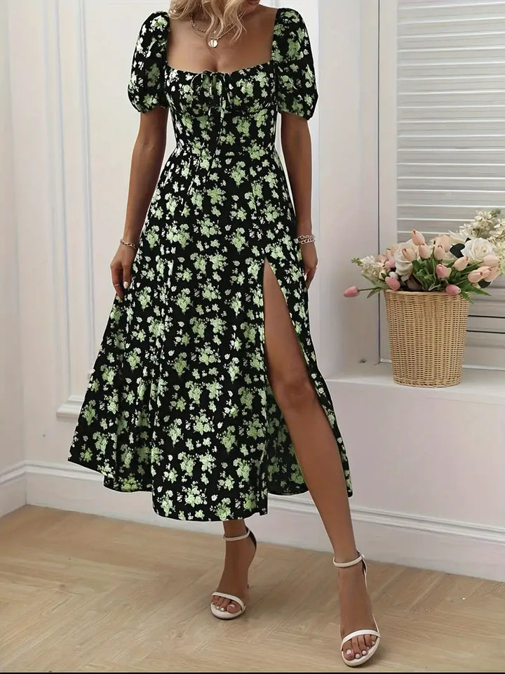 Drune | Schickes Kleid mit Puffärmeln Im A-Linien-Stil mit Blumendruck