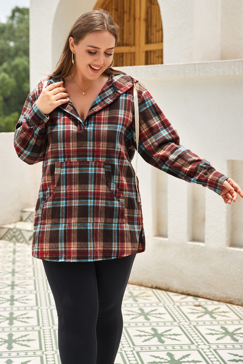 Drune | Feuerrote Plus-Size Karokängurutaschen Kapuzenpullover mit Kordelzug