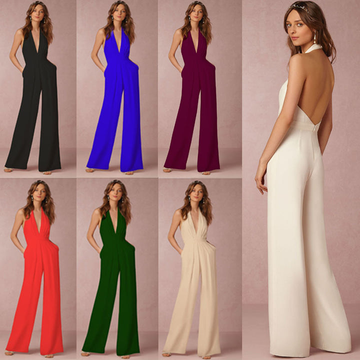 Damen eleganter Jumpsuit mit tiefem V-Ausschnitt und weiterbeiniger Silhouette Drune