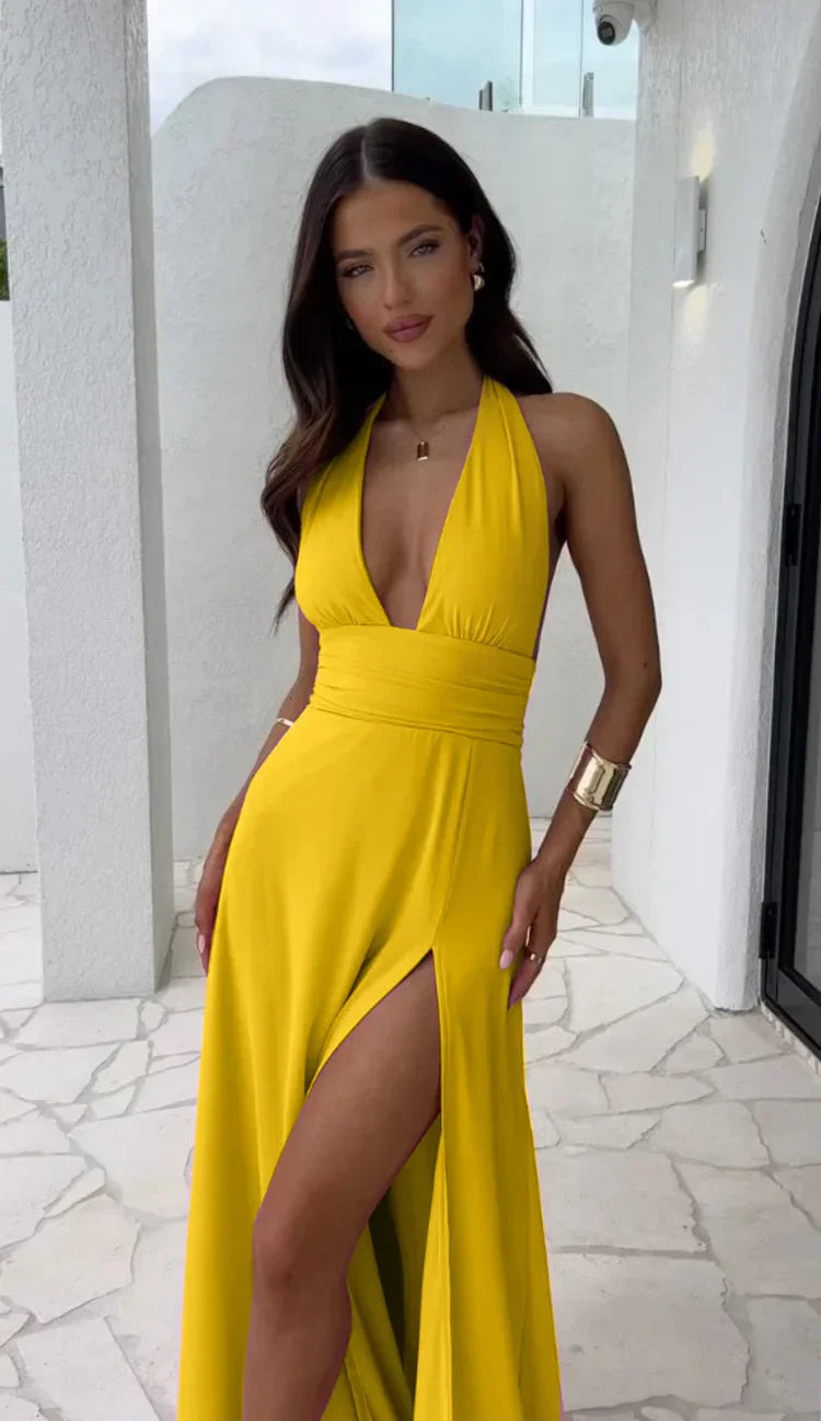 Drune | Sexy tiefes V-Ausschnitt Split Solid Farben Kleid
