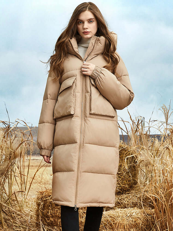 Drune | Damen Lange Winter Pufferjacke mit Kapuze