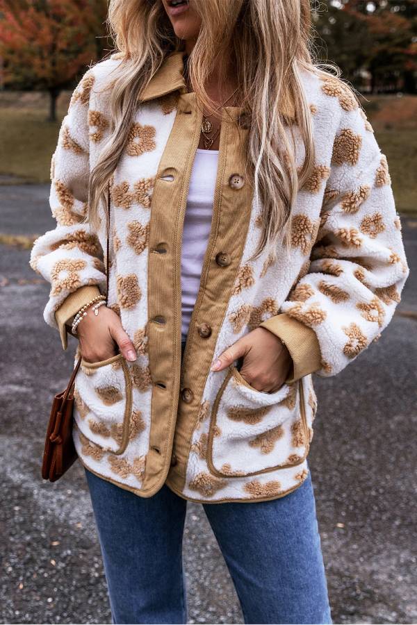 Drune | Französisches Beige Süßes Blumenmuster Knopfleiste Fleecejacke