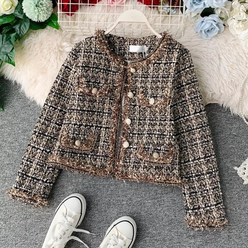 Drune | Tweed-Jacke - Goldenen Knopf Akzente - Klassische Eleganz - Anspruchsvolles Schichten