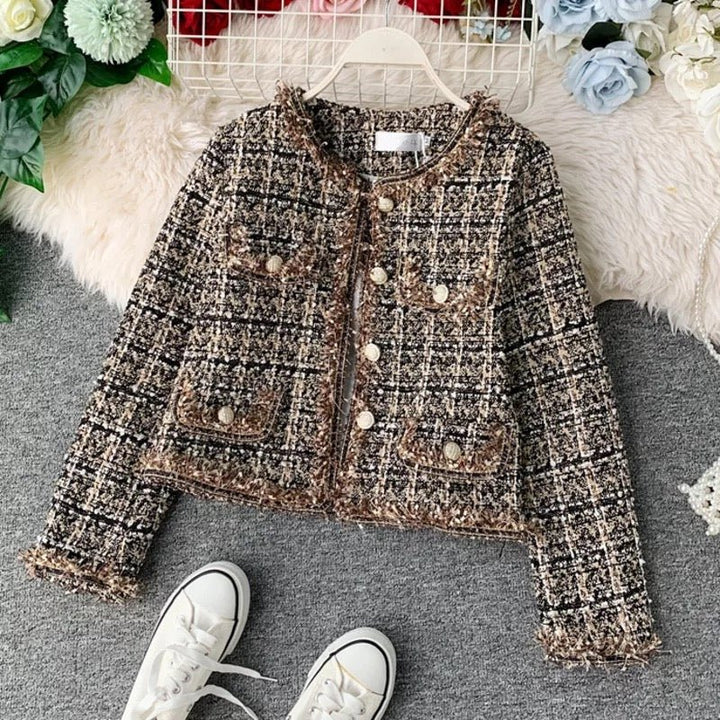 Drune | Tweed-Jacke - Goldenen Knopf Akzente - Klassische Eleganz - Anspruchsvolles Schichten