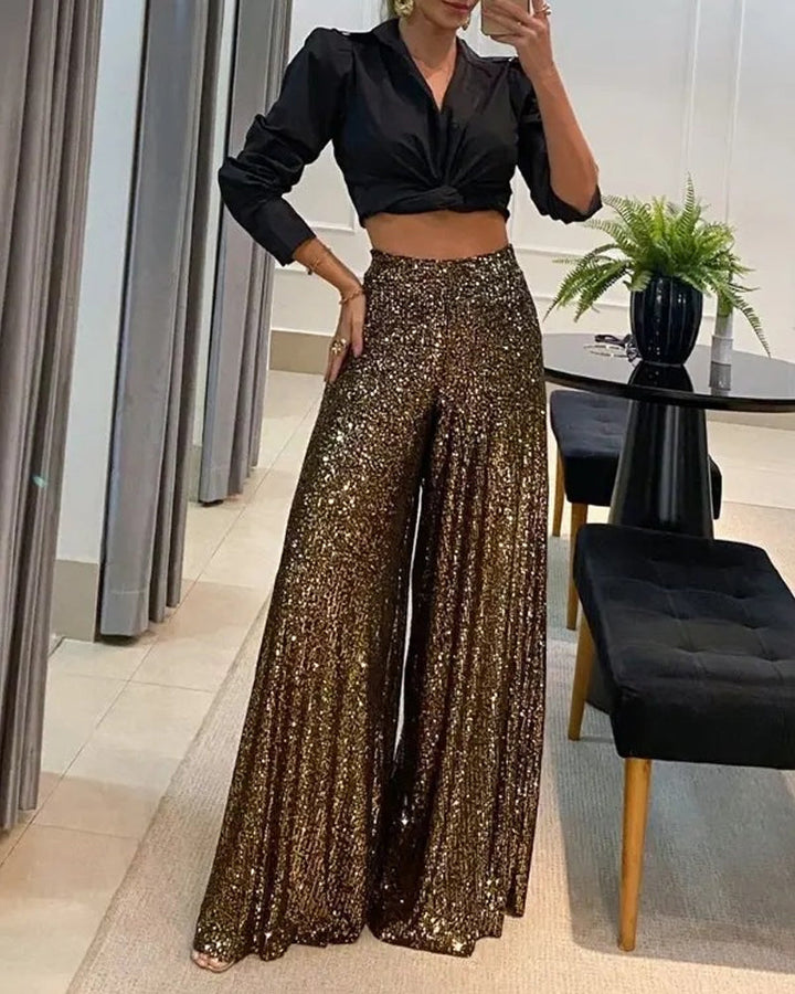 Drune | Taillierte Paillettenbesatzzte Hose mit Weitem Bein