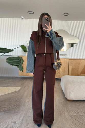 Drune | Casual denim patchwork sweatshirt jacket with zipper