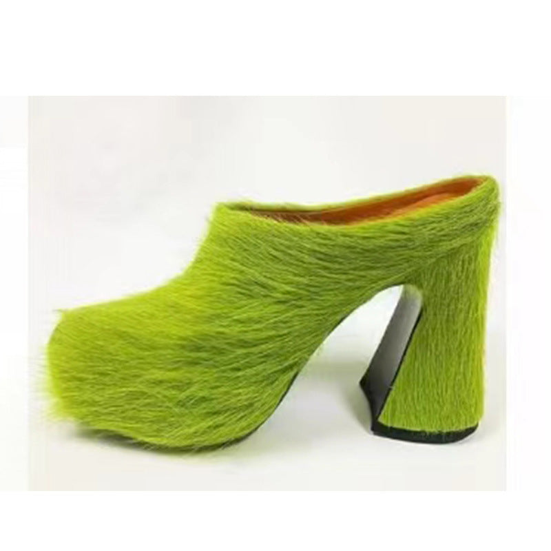 Drune | Geschlossene Zehe Rosshaar Chunky Heel Wasserdichte Plattform Slipper