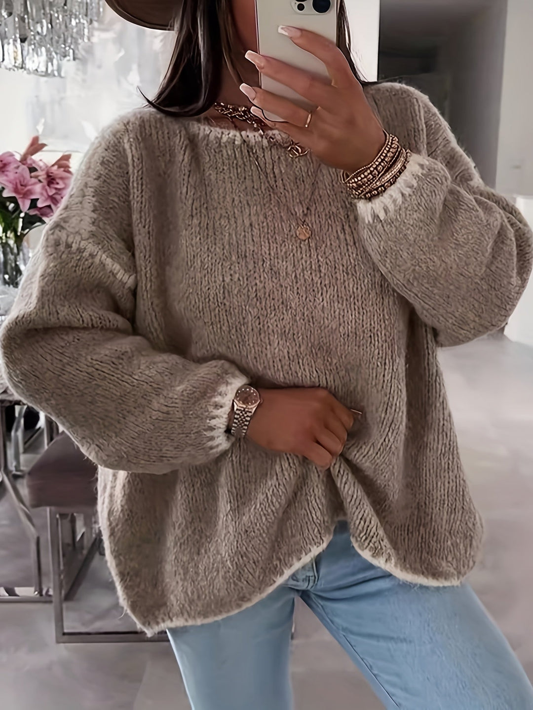 Drune | Lockere Strickpullover Weich und Gemütlich Einzigartige Häkel-details