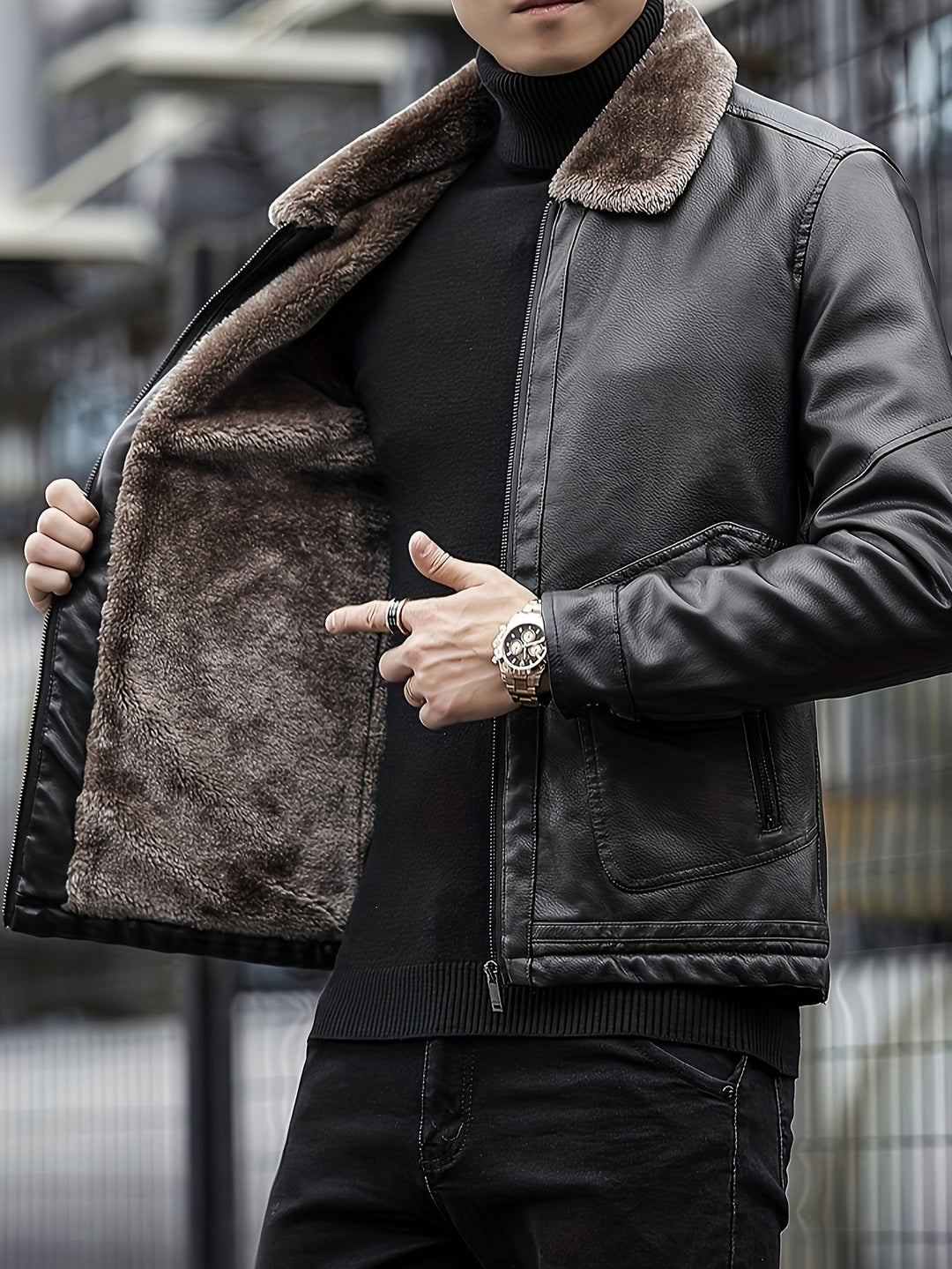 Drune | Fleece Gefütterte PU Lederjacke Mit Schicker Reißverschlusstasche Für Herren - Perfekt für Drune | Tage