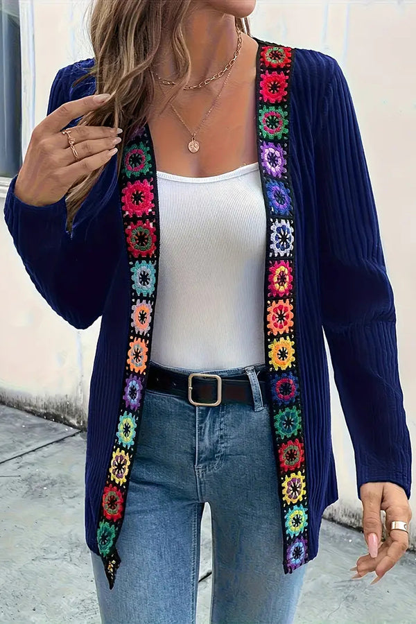 Drune | Boho knit cardigan with floral trim and long sleeves