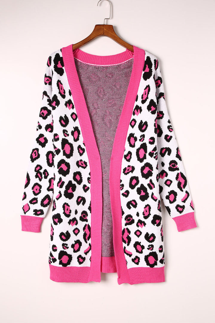 Drune | Leopard-Kontrastbesatz Offene Vorderseite Langarmlange Strickjacke