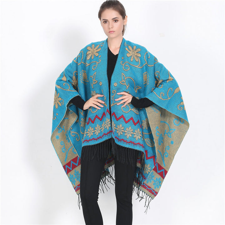 Damen eleganter Poncho mit frischem floralem Design und fransigen Kanten Drune