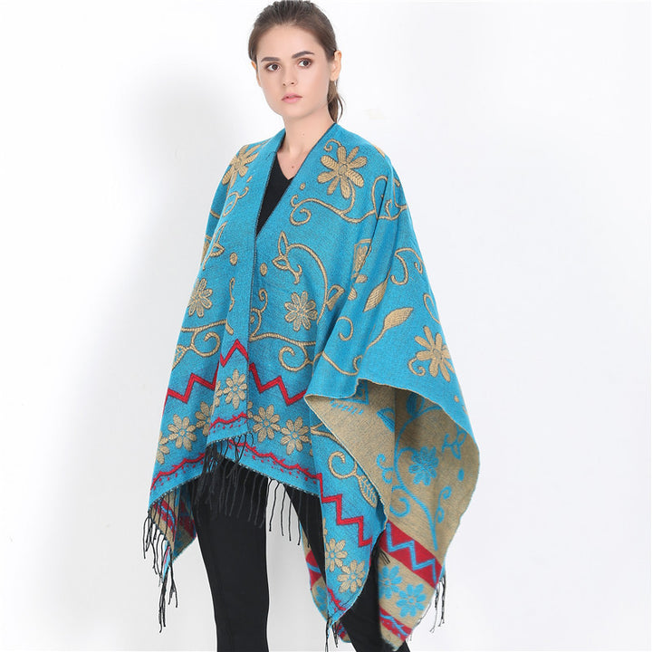 Damen eleganter Poncho mit frischem floralem Design und fransigen Kanten Drune