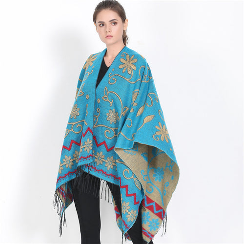 Damen eleganter Poncho mit frischem floralem Design und fransigen Kanten Drune