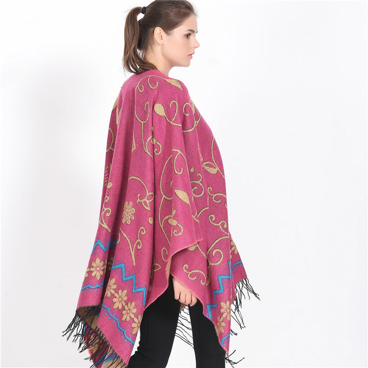 Damen eleganter Poncho mit frischem floralem Design und fransigen Kanten Drune