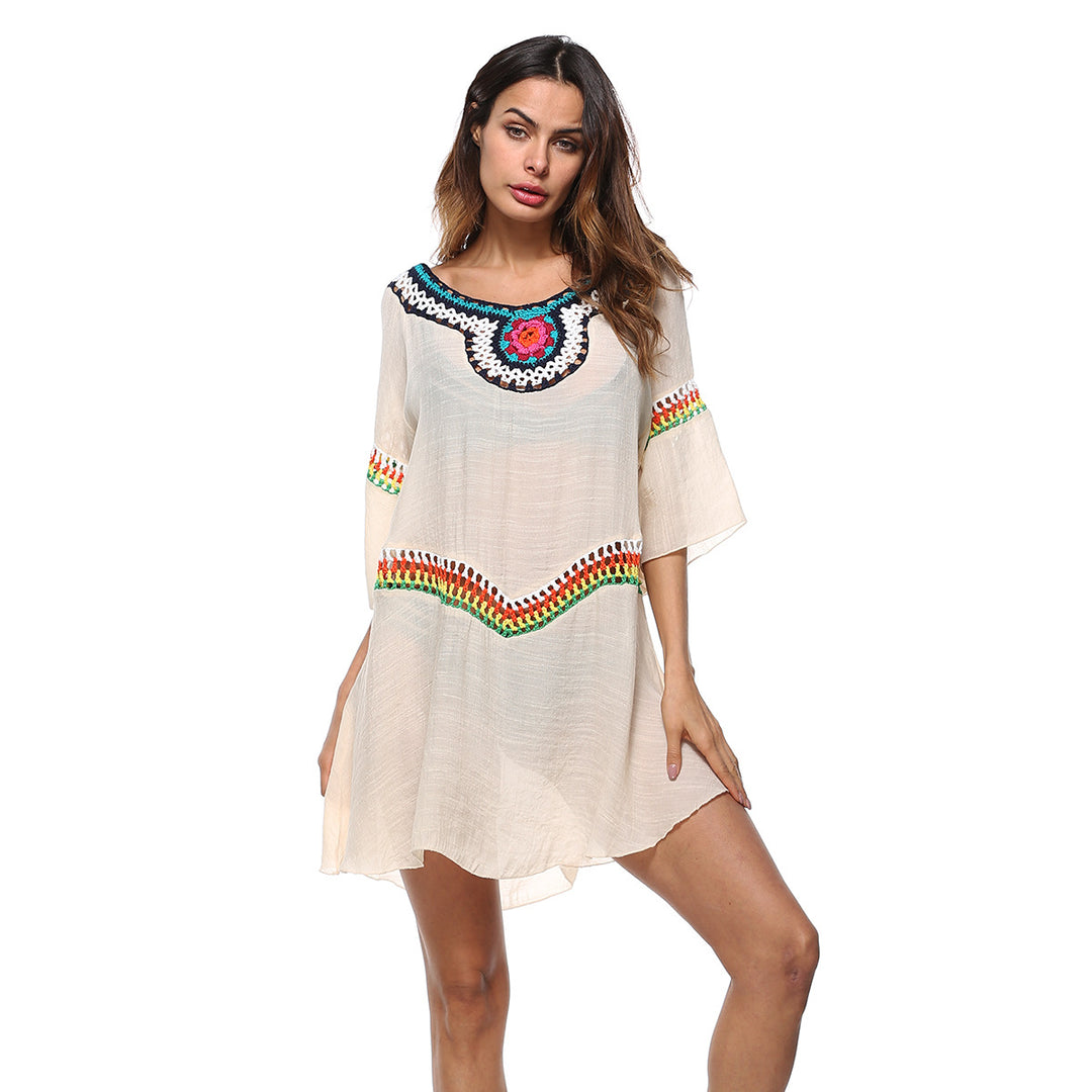 Damen luftiger Strandkaftan mit bunten Stickdetails Drune